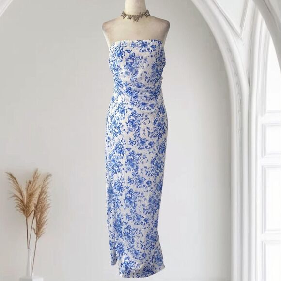 Preppy Coquette Light Blue White Bandeau Cinched Strapless Maxi Dress XL - Picture 1 of 7